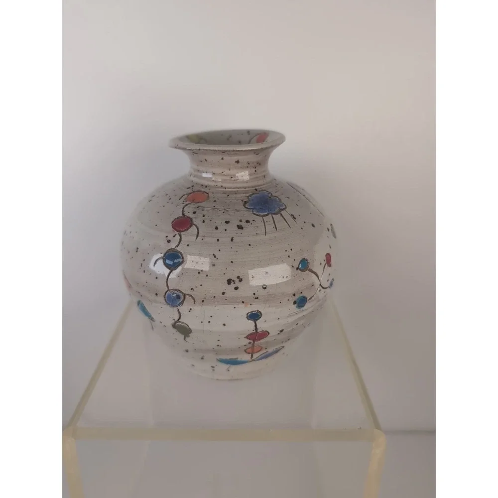 Glazed Handmade Pot/Vase Colorful Design Signed & Dated Contemporary, Cute Bugs?